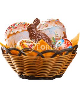 Easter Basket. A heartwarming gift for those you care for. Send Happy Easter greetings with this basket of Easter eggs, cakes and a rabbit.